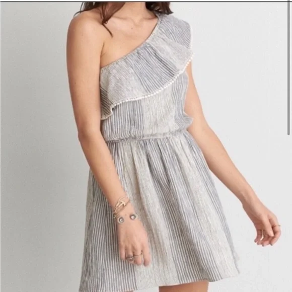 American Eagle Outfitters Womens Striped One Shoulder Mini Dress Medium - Picture 1 of 8